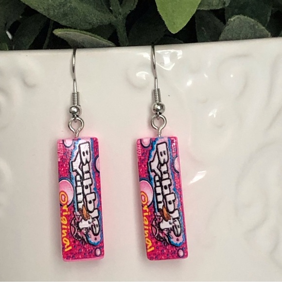 New Bubble Yum Gum Candy Dangling Oversized Handmade Earrings Kids Funny Party - Picture 2 of 3